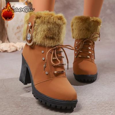 Mode Talon Haut Femme Bottes de Neige à Plateforme Mode Bout Rond Fermeture Éclair Latérale Tube Court Chaussures en Peluche Décor Cristal Doublure Polaire Botas Mujer