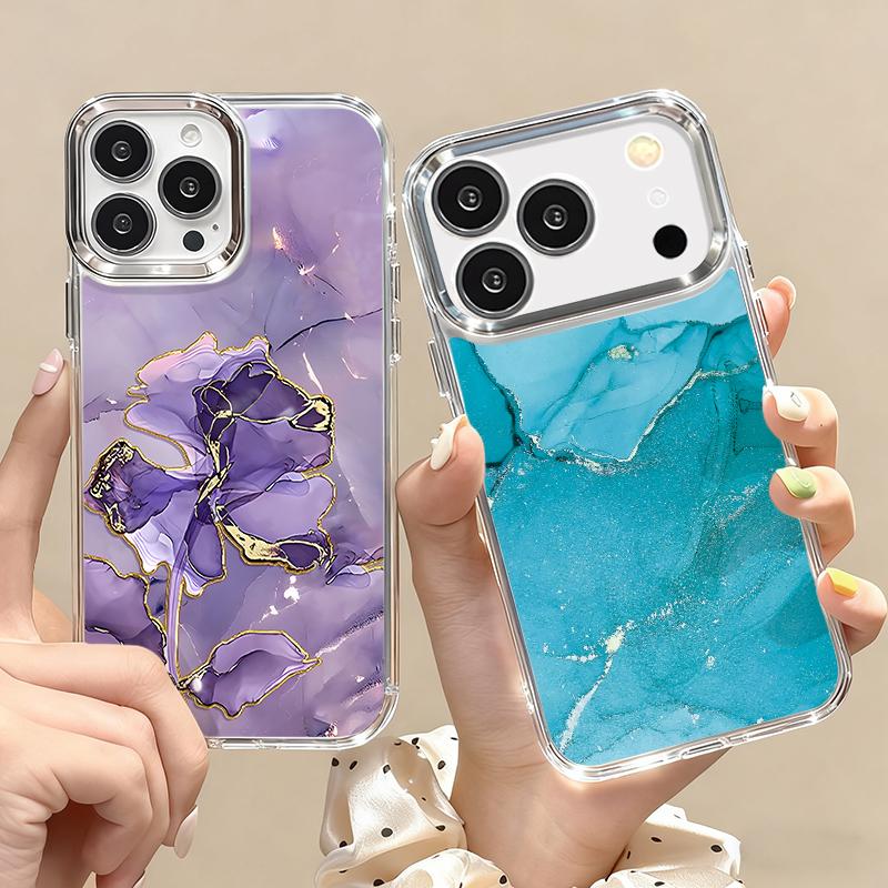Sandstone Marble Pattern Case For iPhone 17 Pro Max Plating Lens Frame Clear Soft Cover For iPhone 16 15 14 13 Pro Max 11 16E 17E