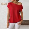Women Tops Short Sleeve Screw Collar Solid Color T-Shirt Spring Summer Stretchy Pullover Tops Daily Wear