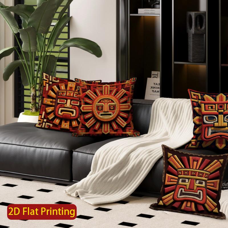 2D Aztec Sun God Print Throw Pillow Covers Pattern Cushion Cover Suitable For Sofa Bedroom Car Pillow Cover