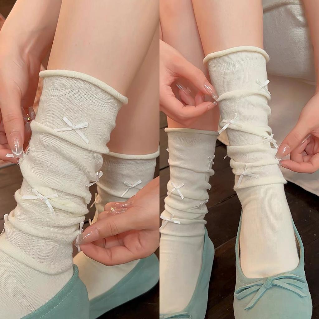 Lace Bow Calf Socks Women'S Solid Color Season Thin Curled Black And White Girl Style Stacking Socks