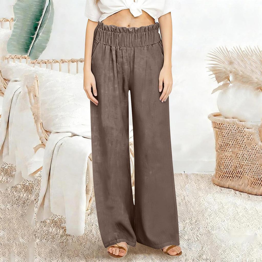 Casual linnen broek met wijde pijpen voor dames, elastische taille, veelzijdige zakelijke casual palazzo broek met zakken.