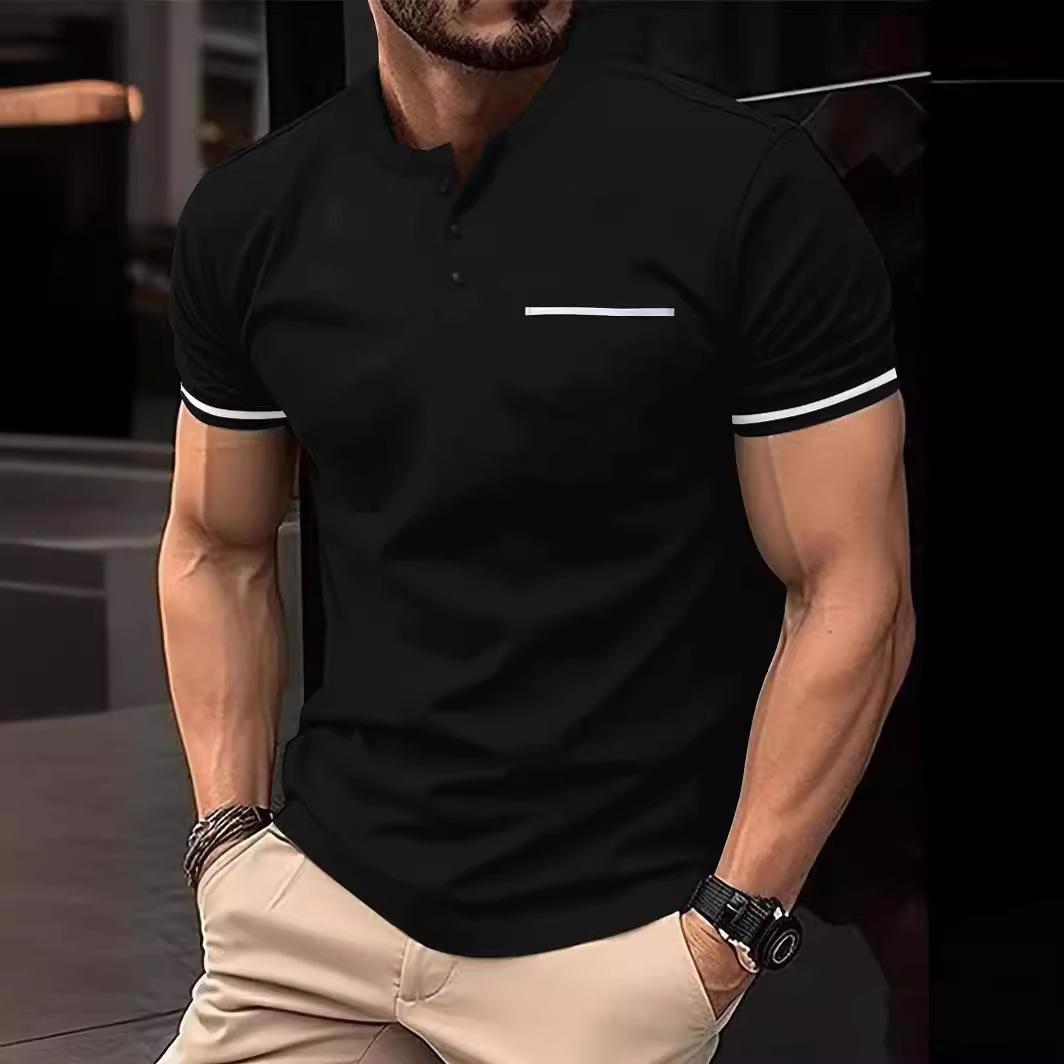 

Летняя новая однотонная рубашка-боди, классическая лоскутная рубашка с пуговицами, повседневная одежда с коротким рукавом для мужчин M чёрный