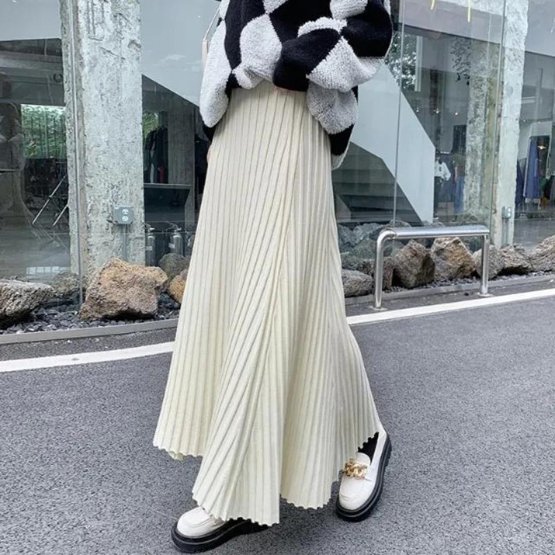 Gestrickter Midirock Damen A-Linienrock hohe Taille breite Spanne mittellanger Rock