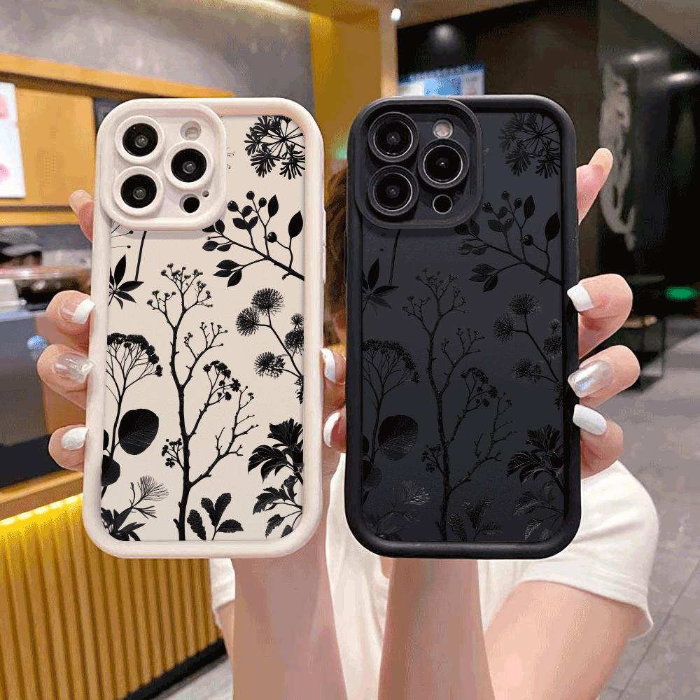 Black Plant Silhouette Pattern Phone Case for IPhone 14 15 16 Plus 13 12 11 16 Pro Max 12 Mini XS Max Anti-Scratch Soft Cover