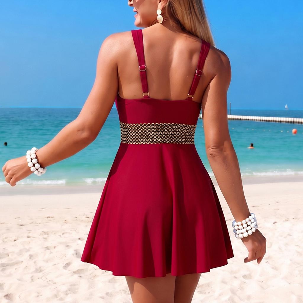 Women Two Piece Bikini Swimsuit with Wide Strap V Neck and High Waist Skirted Bottom for Beach and Pool Wear