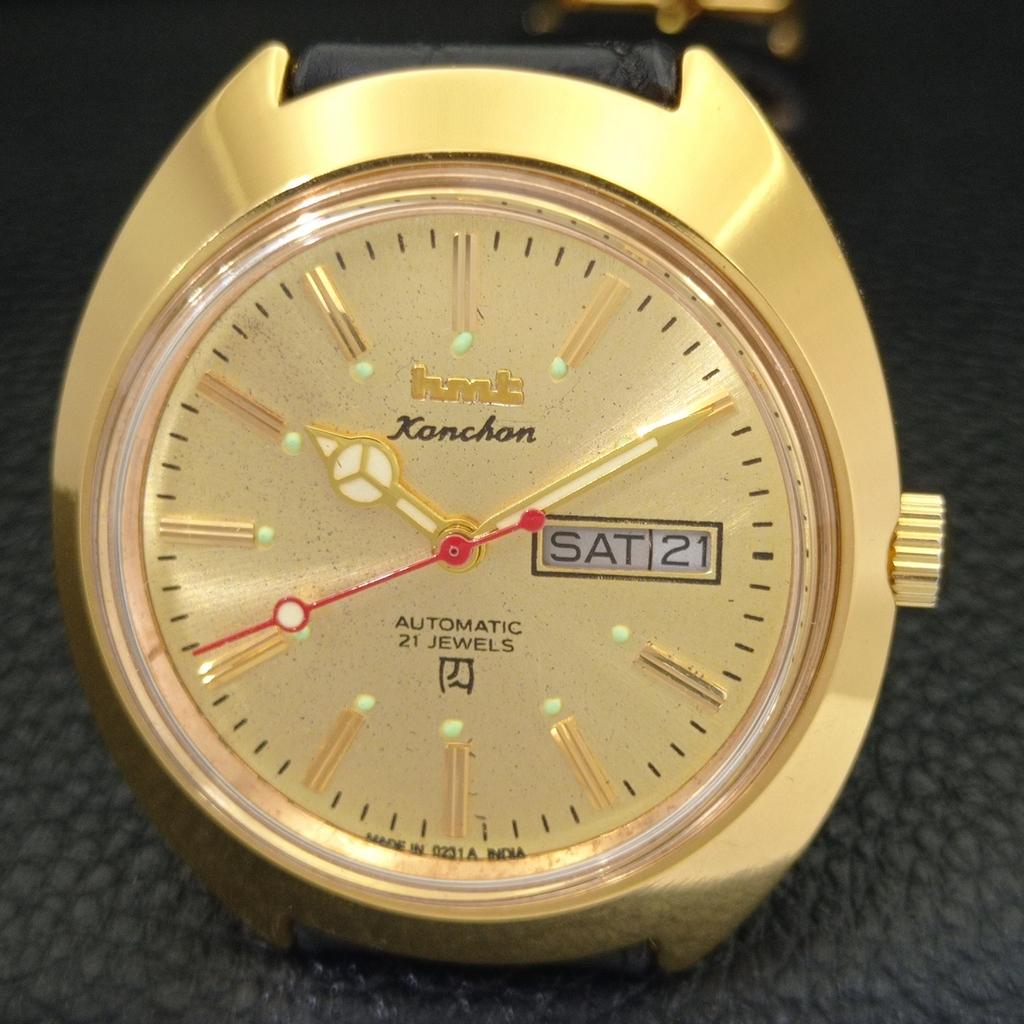 VINTAGE HMT KANCHAN 6501 AUTOMATIC INDIAN MENS GOLDEN COLOR DIAL WATCH A441013-4 HT-a441013