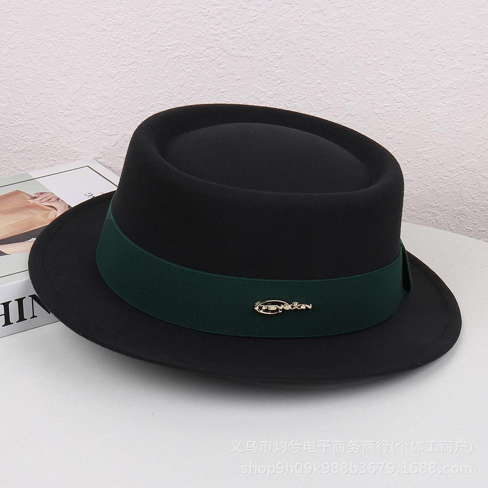 Autumn and Winter French Flat-brimmed Woolen Flat-top Top Top Hat Female British Show Small Face Simple Temperament Elegant Celebrity Style Jazz Hat
