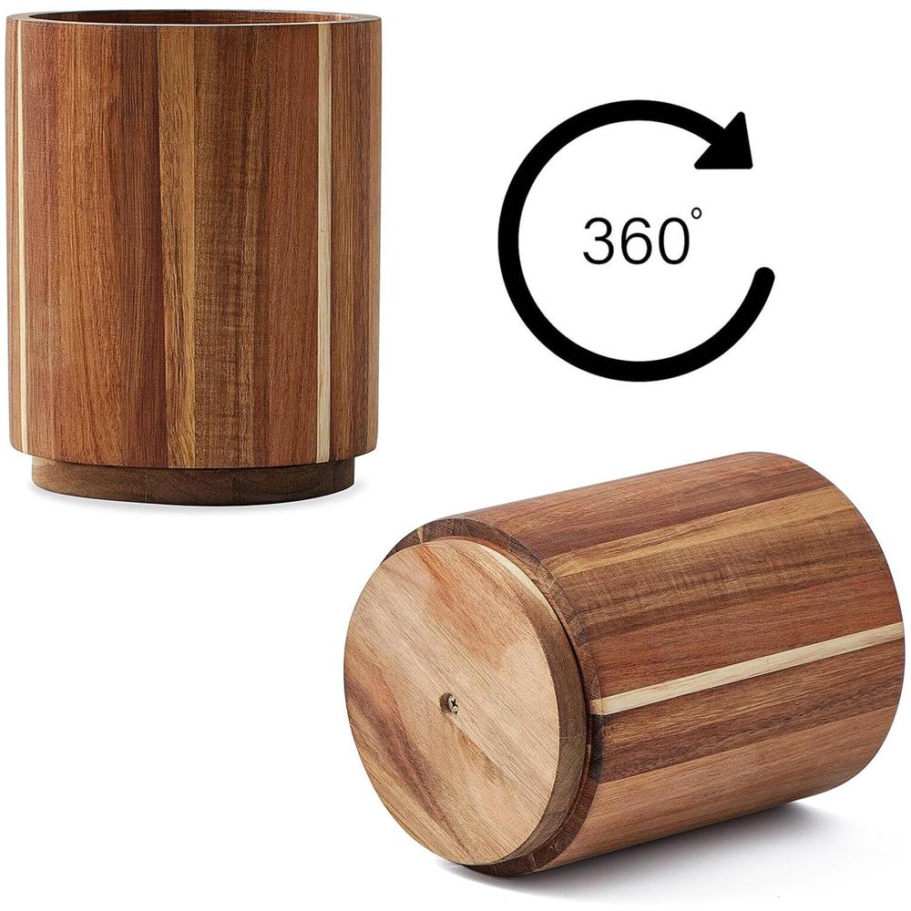 Wooden Utensil Holder for Countertop, 360° Rotating Kitchen Utensil Holder Large Acacia Wood Crock, Farmhouse Kitchen Decor