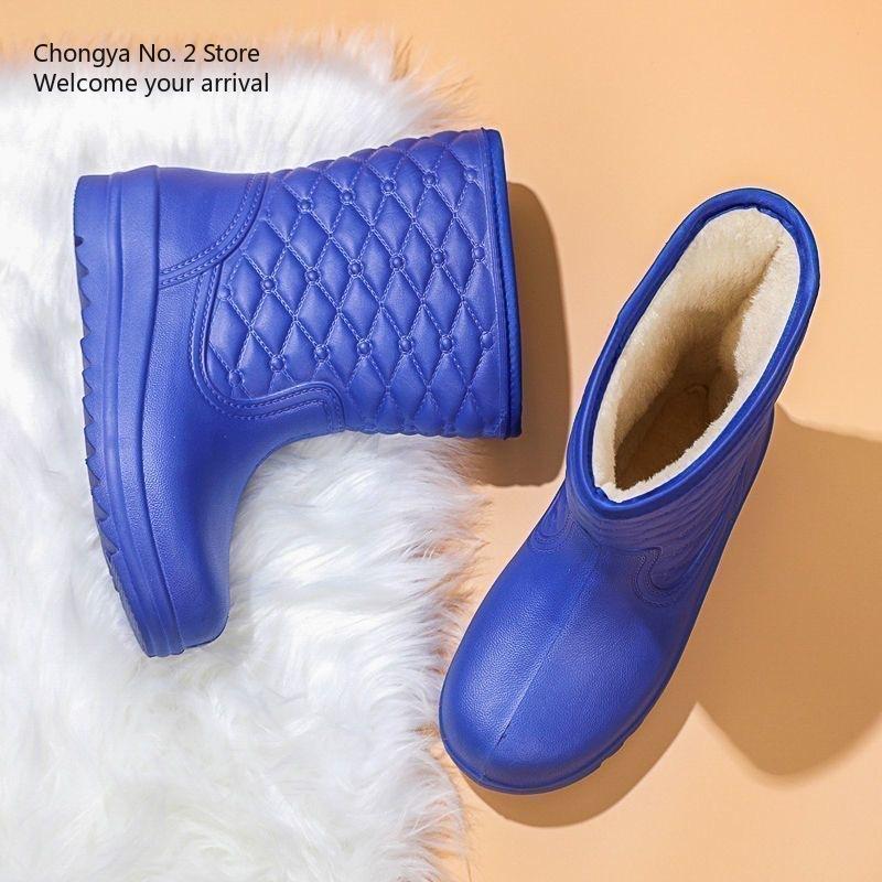 Waterproof Fleece Snow Boots Women's Mid-calf Water Boots Warm Water Boots Women's Rubber Shoes Kitchen Cotton