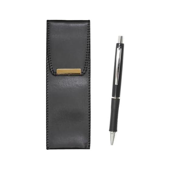 Eco-Leather Pen Case Black, Metal Point Ballpoint Pen Set, 5 Pack, Black, Made in Japan Faux Leather Pen Case, Ballpoint Pen with Metal Clip, Economy