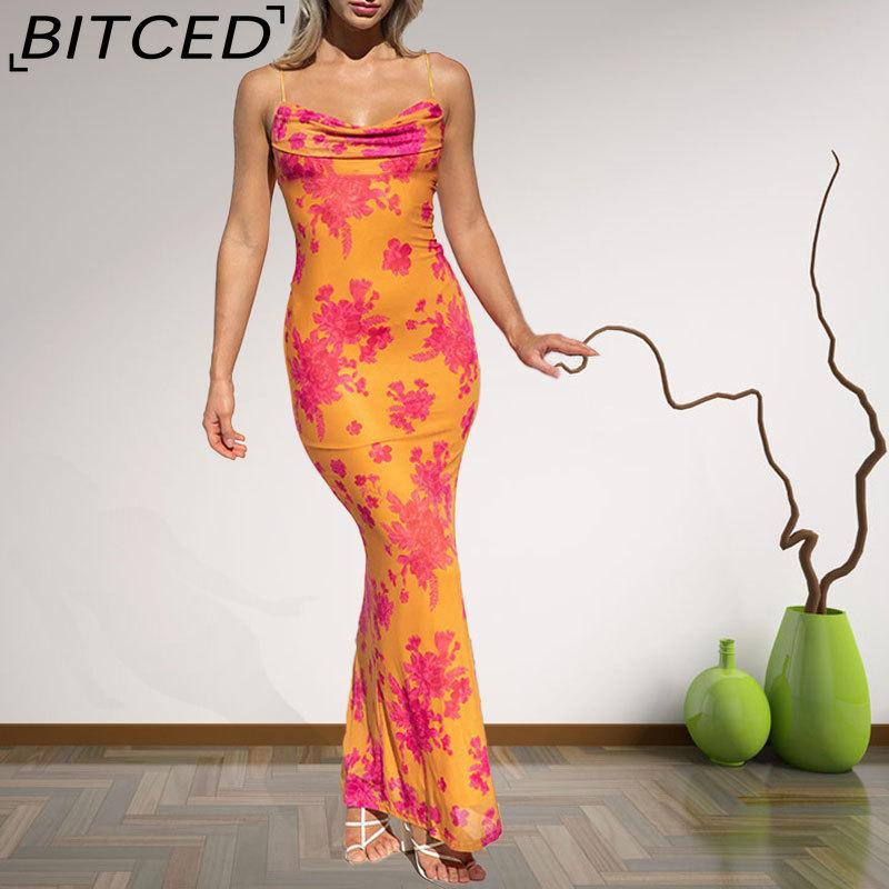 BITCED Spring Women's Fashion: Sensual Printed Strappy Waist-cinching Bodycon Maxi Halter Neck Dress