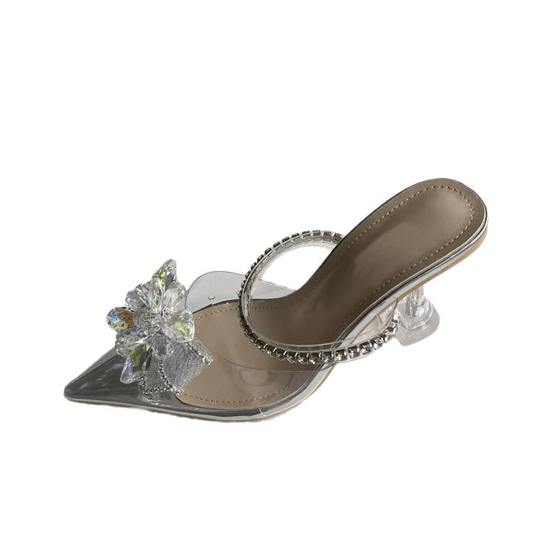 Fashion 2025 New Pointy Transparent Line With Flip-Flops Female Baotou Diamond Flower Fairy Socialite Glass High Heels
