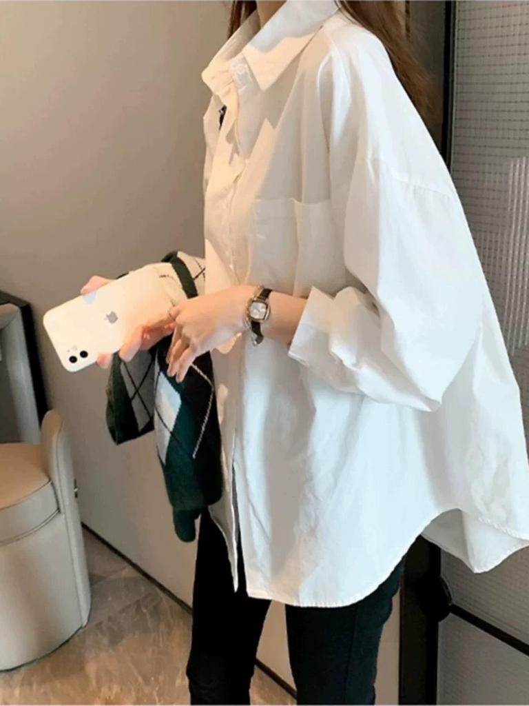 Women's Casual White Shirt: Spring/Autumn Pure Cotton, Loose Fit, High-End Design, Plus Size