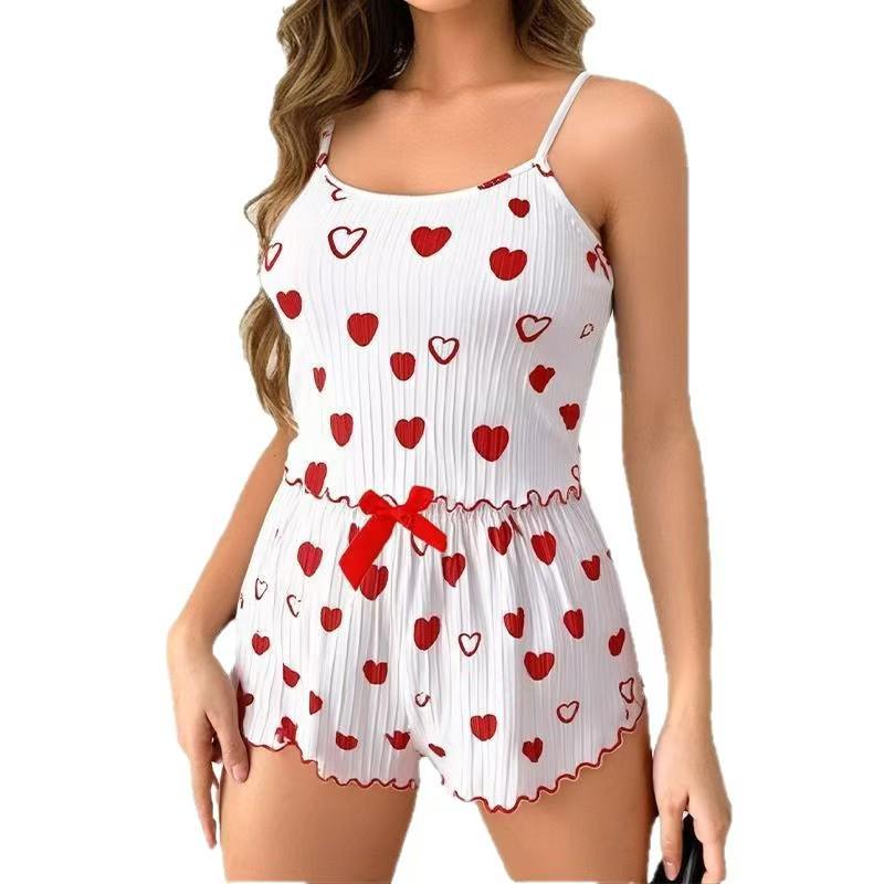 2026 Heart Print Knit Ribbed Camisole Shorts Pajama Set for Women