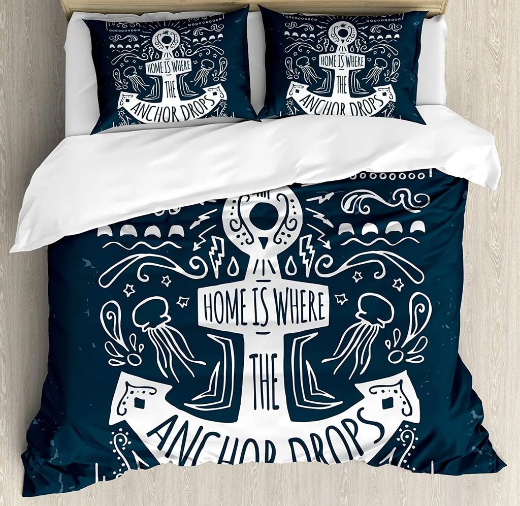 Nautical Anchor Ship Lighthouse Whale Art 3dílná sada povlečení pro manželskou postel Domácí textil Povlak na přikrývku Povlak na polštář Povlak na polštář