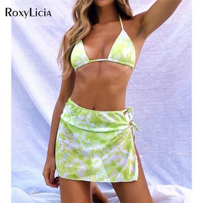 Kravata Dye Halter Bikini Dámské Plavky Dámské Plavky Třídílné bikiny Souprava S krátkou sukní Plavky
