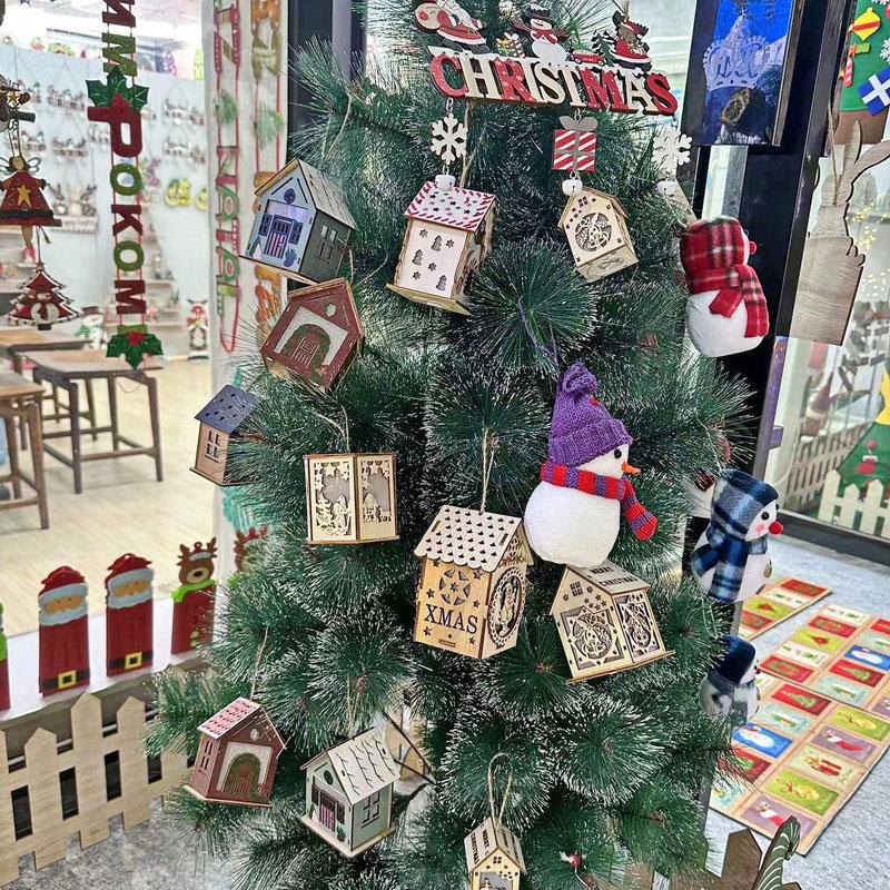 Christmas Glowing Colorful Hut Christmas Decorations Wooden House Hanging Christmas Tree Pendant