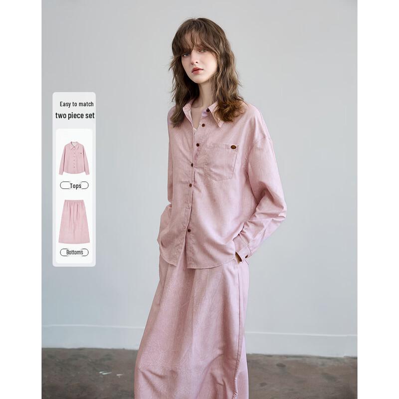 

Women s Spring Draped Lapel Top & Elastic Waist Skirt Set L