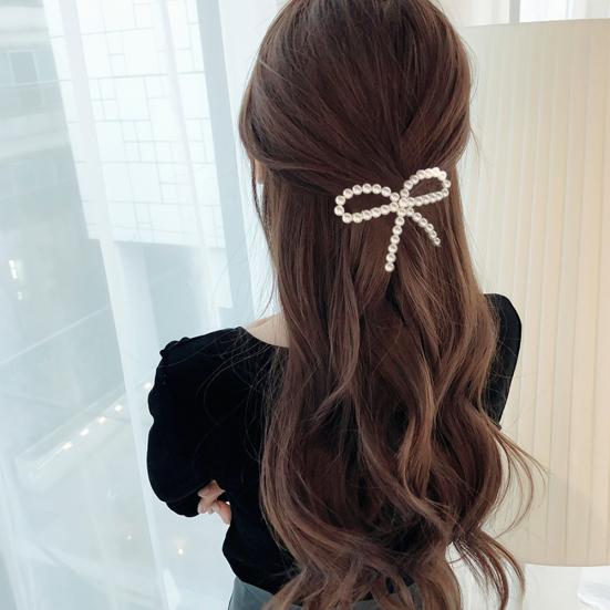 Sweet Women Bow Full Faux Pearl Inlaid Hairpin Hair Clip Barrette Party Headwear