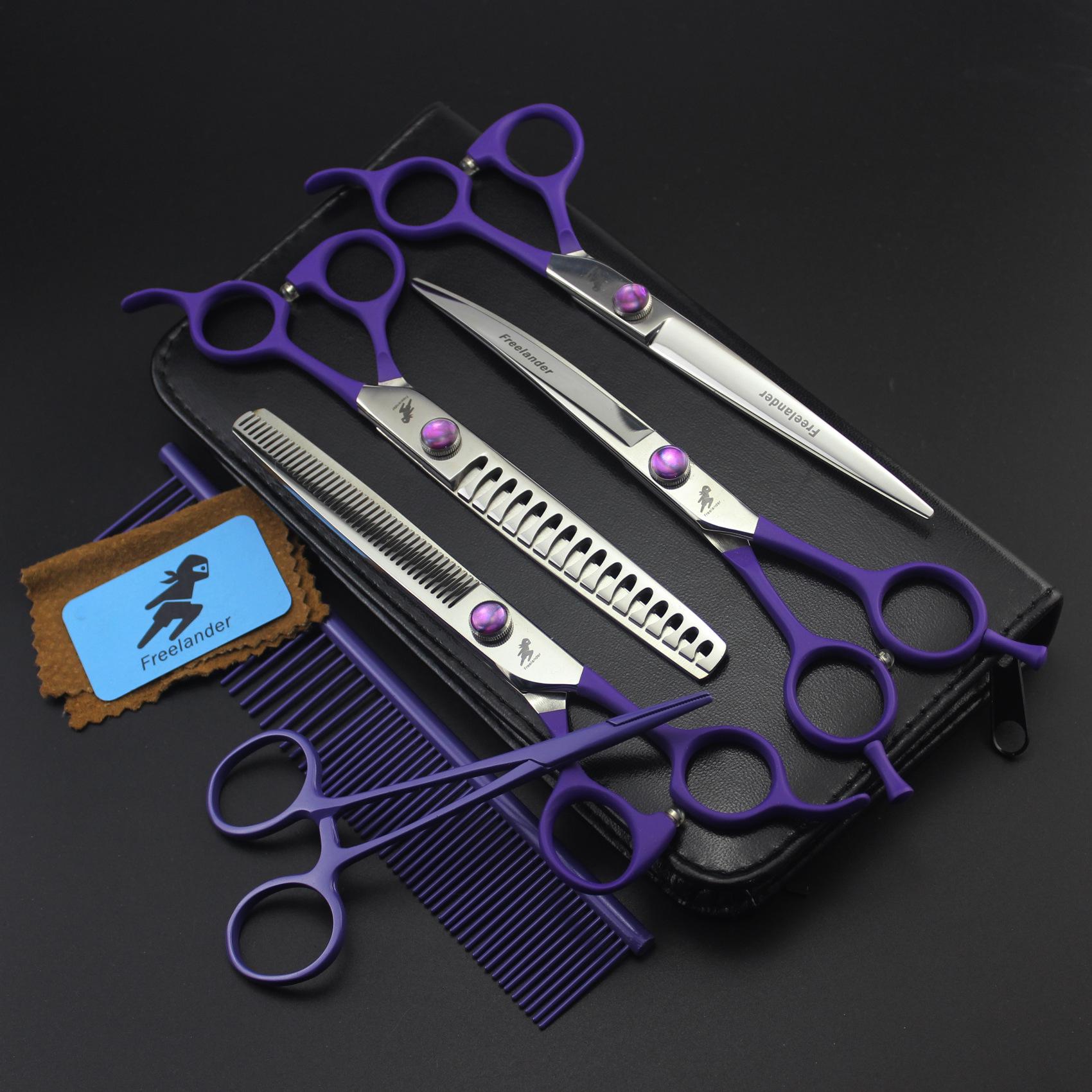 

7 Purple Handle Pet Grooming Scissors Set: Straight, Bent, Thinning Shears & Comb