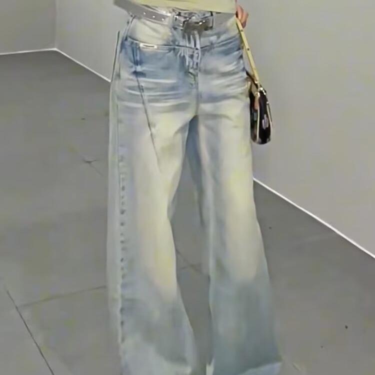 2026 Summer Women s High-Waisted Retro Washed Straight Leg Floor-Length Jeans S