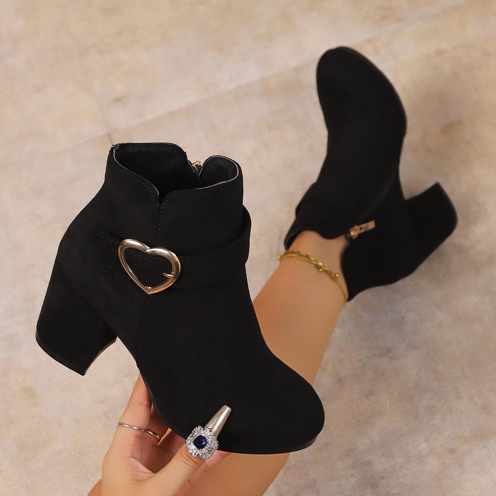 Fashion Women's Chunky Heeled Ankle Boots, Solid Color Side Zipper High Heels, Stylish Short Boots