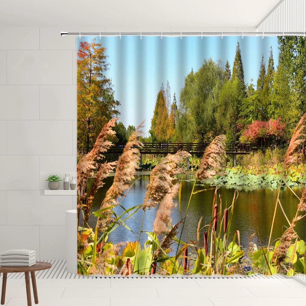 

Autumn Forest Scenery Shower Curtains Set Garden Plant Yellow Fallen Leaves Birds Home Bathroom Bathtub Decor Screens With Hooks W90XH180cm