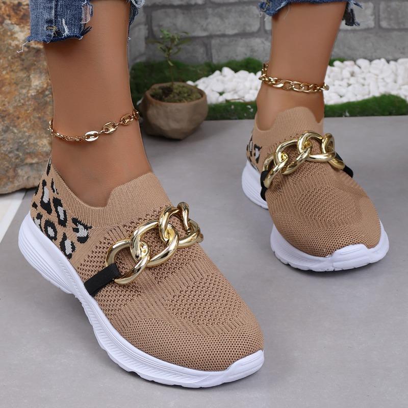 Fashion Mesh Breathable Sneakers Autumn New Round Toe Deep Mouth Metal Chain Leopard Soft Sole Non-Slip Kitten Heels
