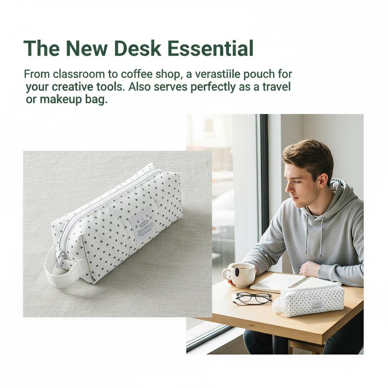 Cute White Polka Dot Pencil Case Stationery Bag Portable Large Capacity Pen Pouch Student School Stationery Storage Bag