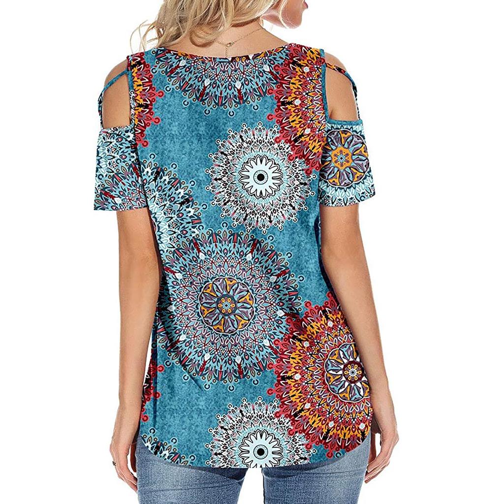 Women's Summer Printing Short Sleeve Strappy Cold Shoulder T-Shirt Tops Blouses