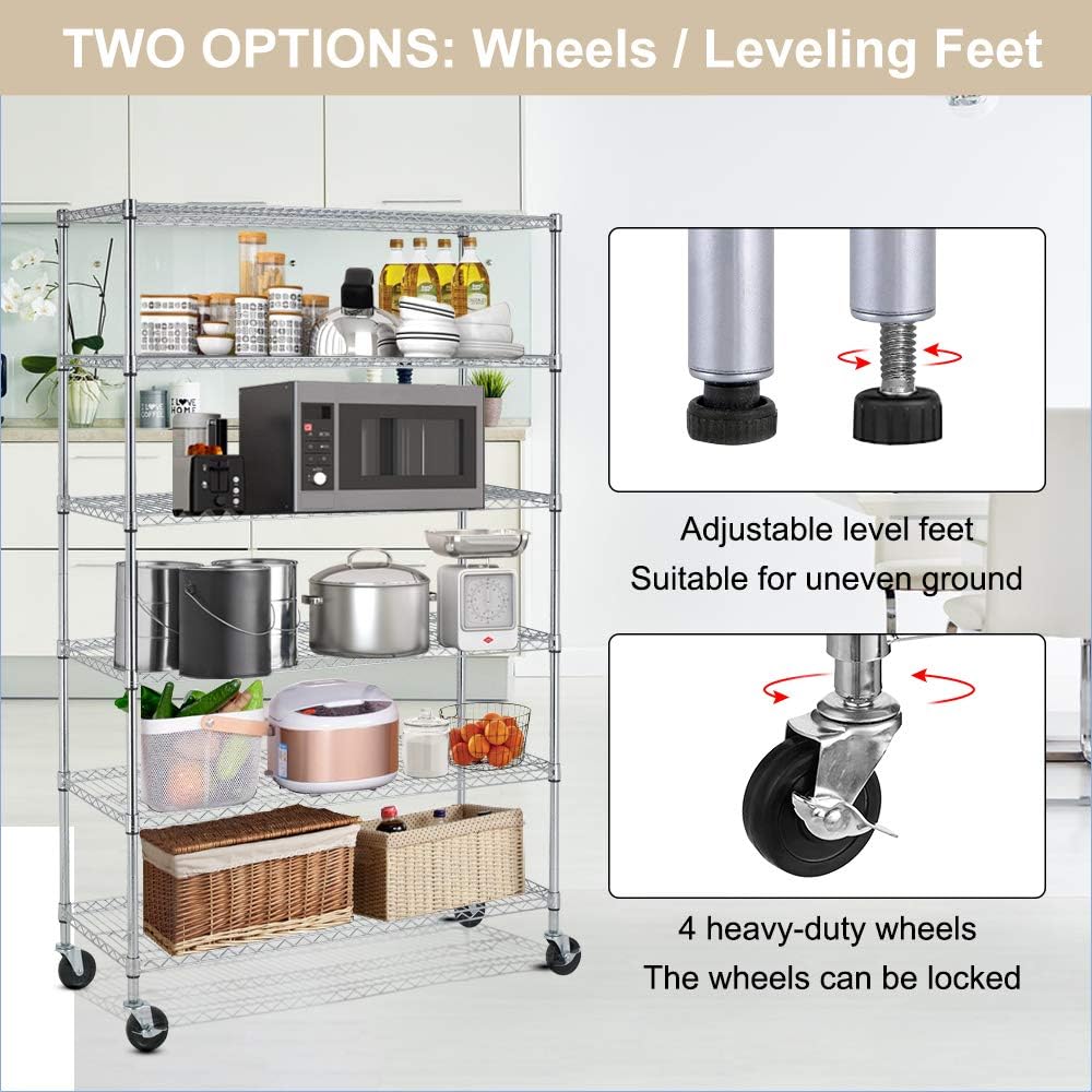 Metal Shelves 6 Layer Wire Shelving On Wheels Heavy Duty Metal Storage Rack Utility Shelves 48" NSF Steel Racks 2100 LBS Capacity Adjustable Standing