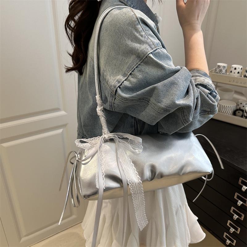 Fashi Bow Lace Ribbs Pu Shoulder Bags for Women Versatile Commuter Ladies Underarm Bag Solid Color Female Handbags Purse