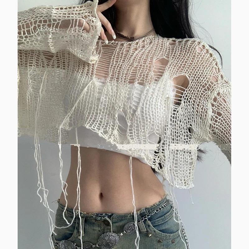 Boho Damen Strick T-Shirt Y2k Hollow Out Locker Damen Crop Tees Vintage Koreanisch Zerrissen Langarm All Match Damen Pullover