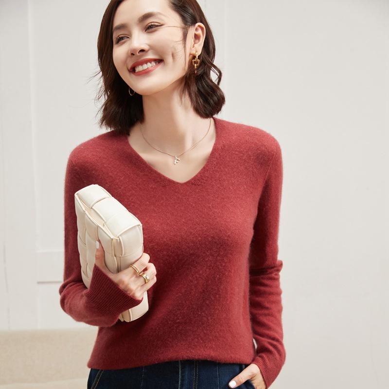 Leka Sha Women's Cashmere V-Neck Sweater, Autumn/Winter Long Sleeve, Slimming Fit, Elegant Wool Base Layer 2026