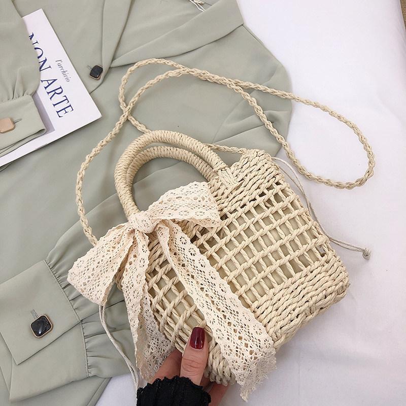 Women Straw Woven Handbag Daisy Flower Lace Bow Summer Beach Bag Small Tote Crossbody Boho Style Shoulder Bag