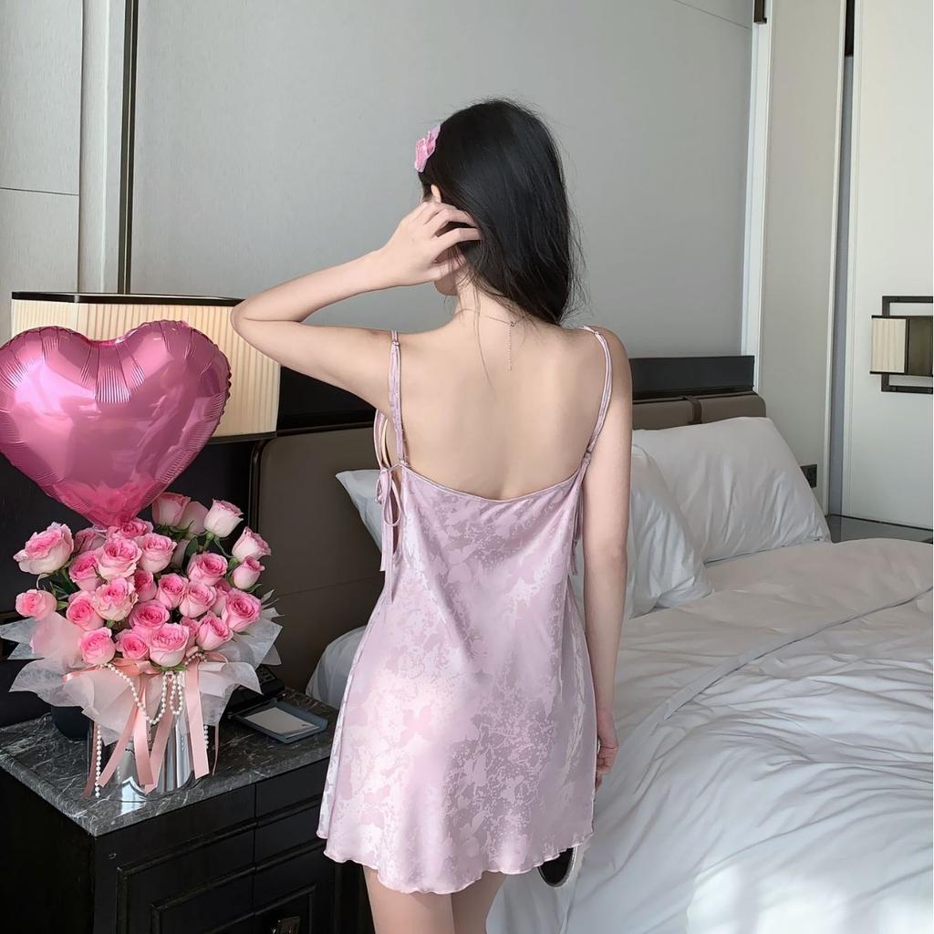 Sexy pajamas Women's Ice Ribbon chest pad New pure desire wind jacquard butterfly suspender nightgown nightgown silk loungewear