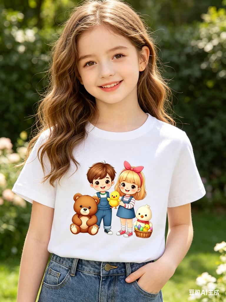 Kids Tales Girls Summer Tshirt Short Sleeve Crew Neck Top Modal Fabric Roundneck Cartoon Print Shirt