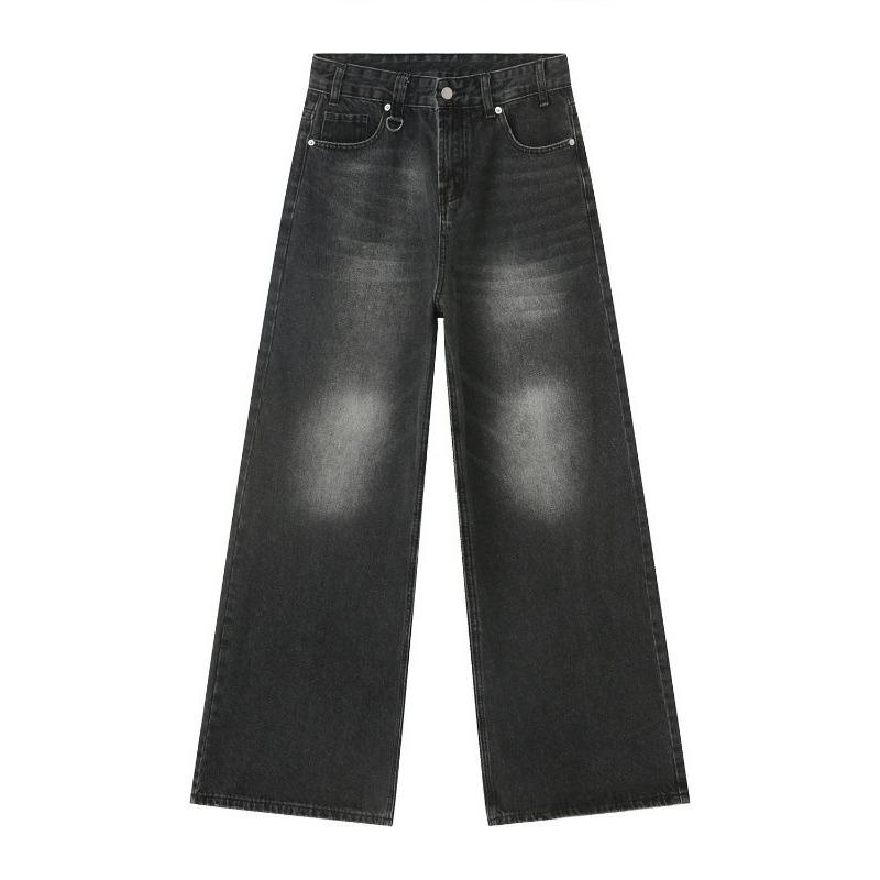 Women's Vintage Washed Black Wide Leg Jeans High Waist Loose Fit Straight Denim Trousers