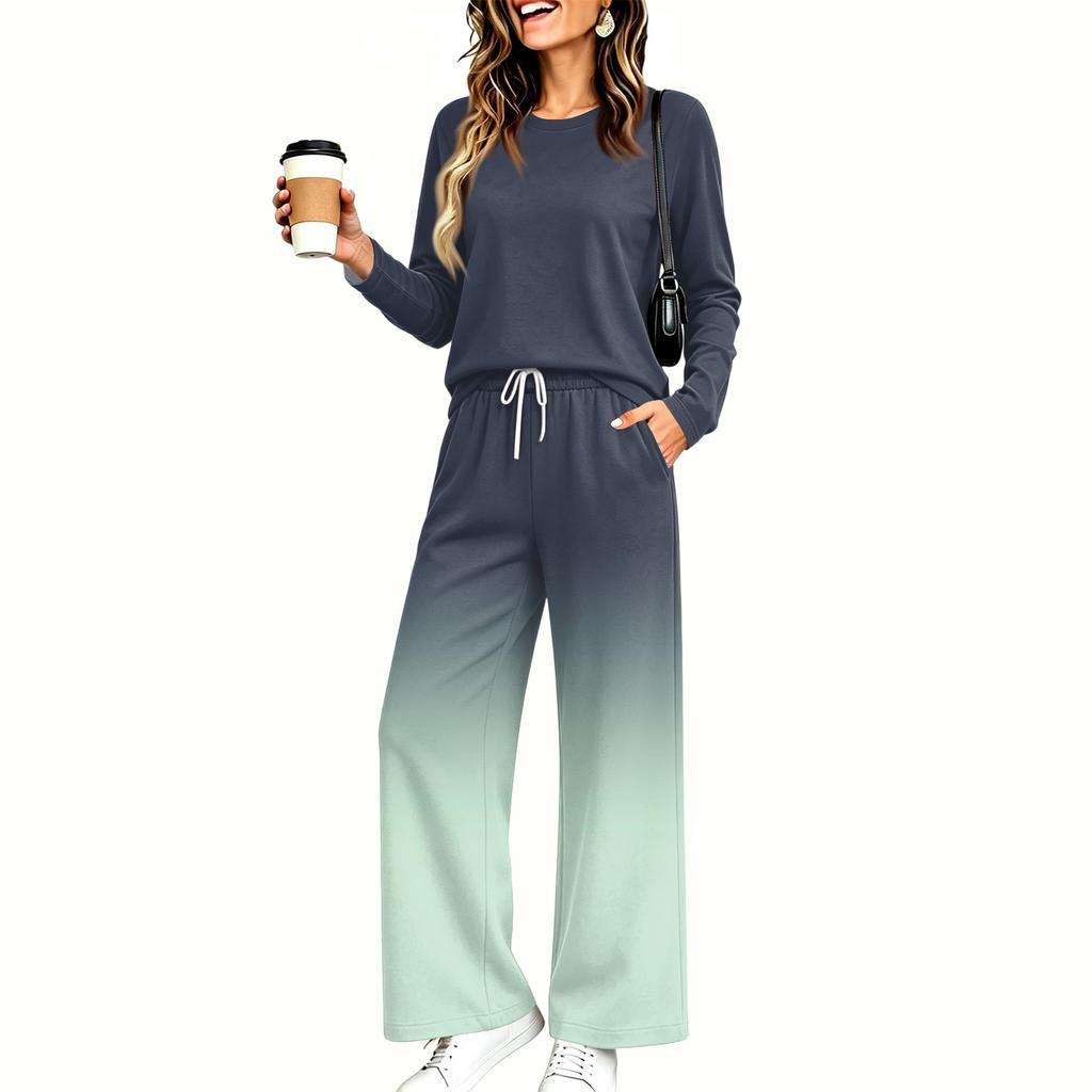 Women's Pajama Set with Pockets, Round Neck Long Sleeve Loose Fit Printed Casual Loungewear for Sleeping at Home