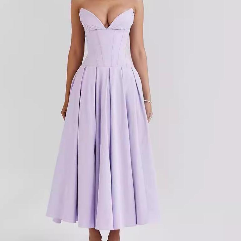 European & American V-neck Backless Dress - 2024 Summer French Hot Girl Style with Fishbone Waist and Pleated Long Skirt