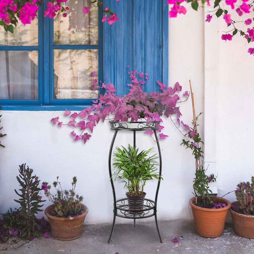 Flower flower 69cm gardening flower pot black stand, indoor, 2-tier, shelf, iron, high, rack, home, office, garden, stand, (black)