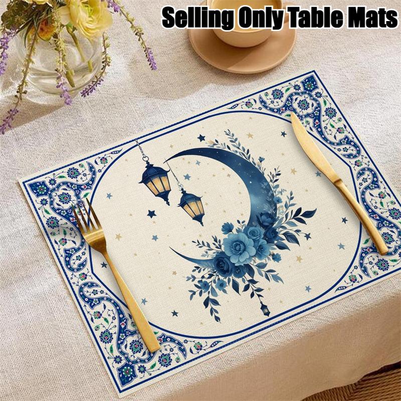 4/2 Stück Happy Ramadan Laterne und Mond Tischsets Festliche Atmosphäre Dekoration Leinen Tischgeschirr Matte Hitzebeständig