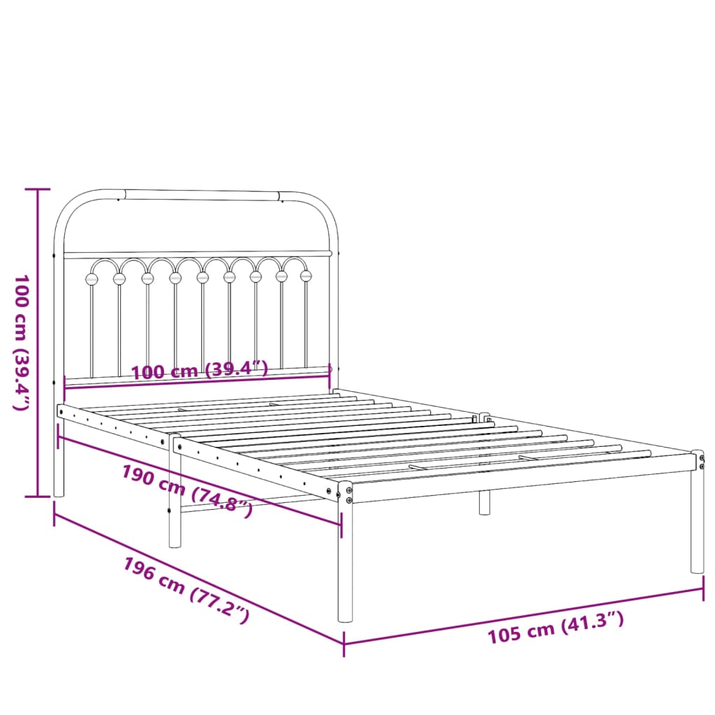 Metal Bed Frame with Headboard White 100 x 190 cm