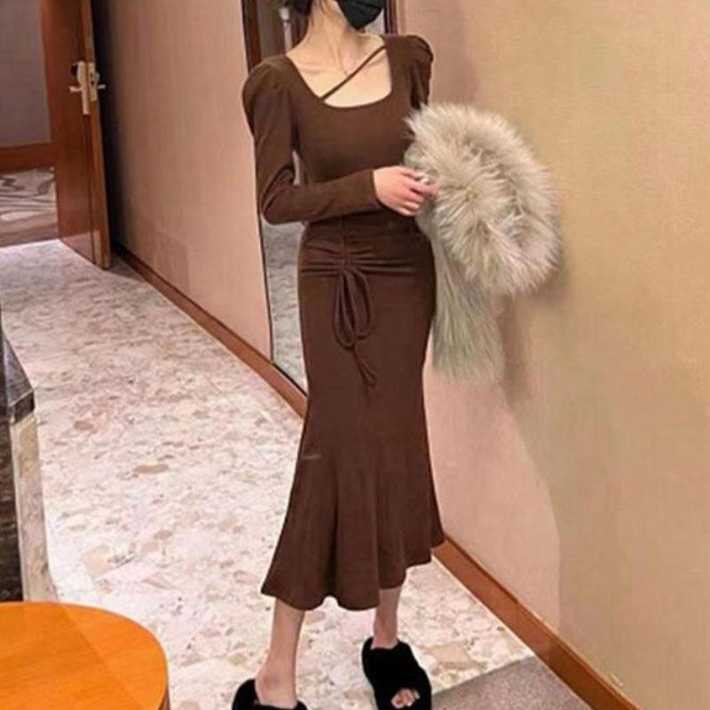 Fashion Long Sleeve Square Collar Sexy Dress Women Summer Drawstring Waist Casual Fishtail Dresses Women Elegant Temperament Slim Fit Long Dress 25994