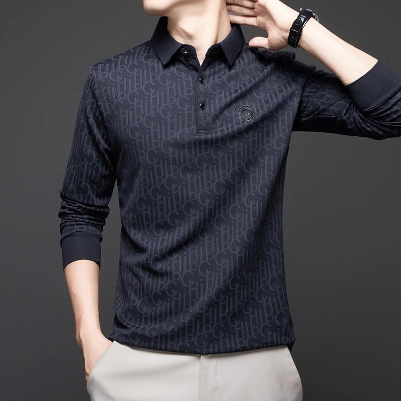 New Men'S Business Casual Long Sleeved Shirt With Badge Solid Color Polo Shirt Fashionable Breathable Comfortable Versatile Top
