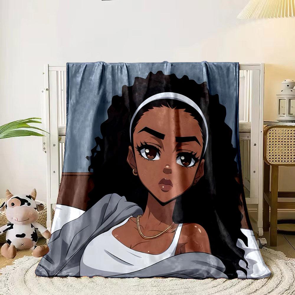 Stylish Anime Girl with Curly Hair Print Blanket Soft and Cozy Perfect for the Living Room Bed Sofa or a Nap,gift