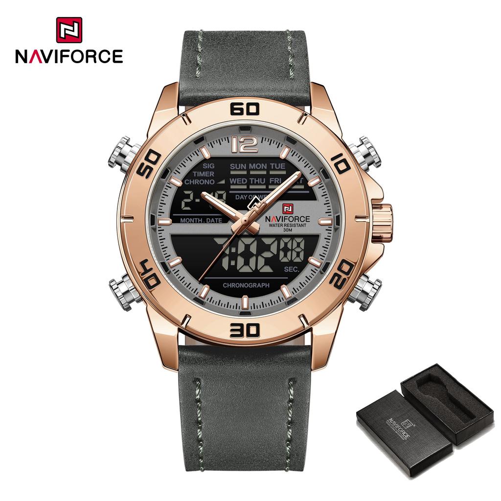Naviforce Men's Leather Chronograph Quartz Watch Calendar Date 3ATM Waterproof Night Pattern Luminous Pointer Multifunctional Men's Watch NF9253L