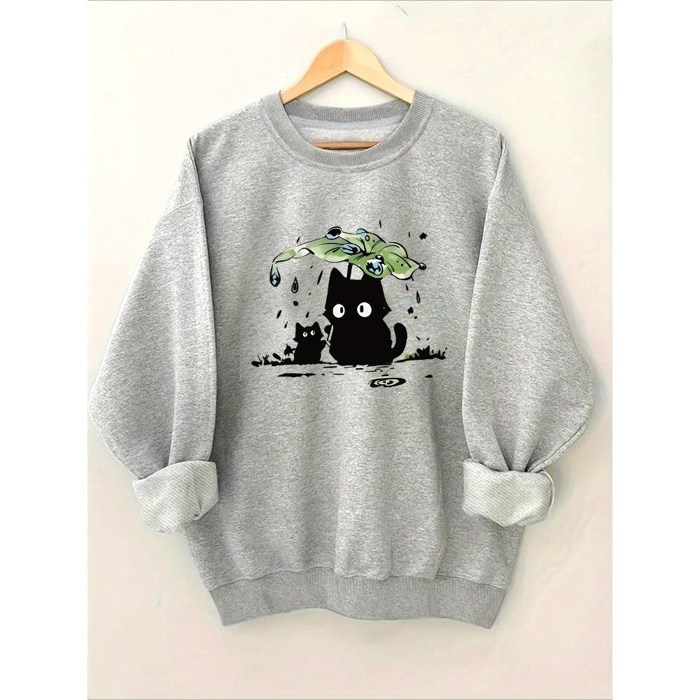 

Two Cats with Lotus Leaves To Block Rain Print Women Hoodie for Autumn and Winter 2025 Round Neck Long Sleeved Women s Clothing XL