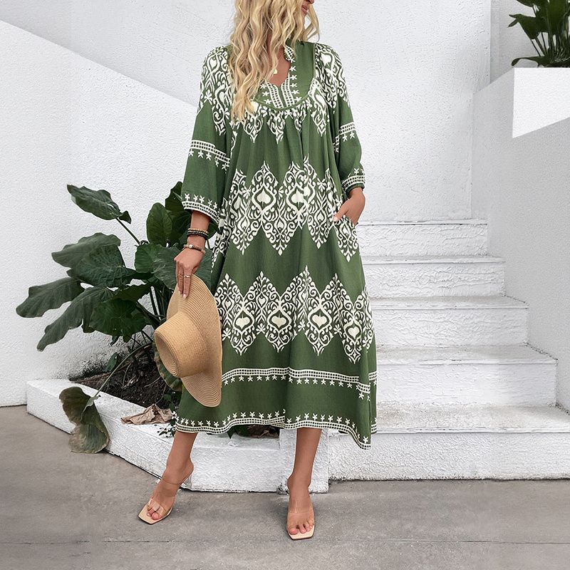 

Fashion Women Dress Casual National Print Ladies Skirt Ethnic Style Green XL